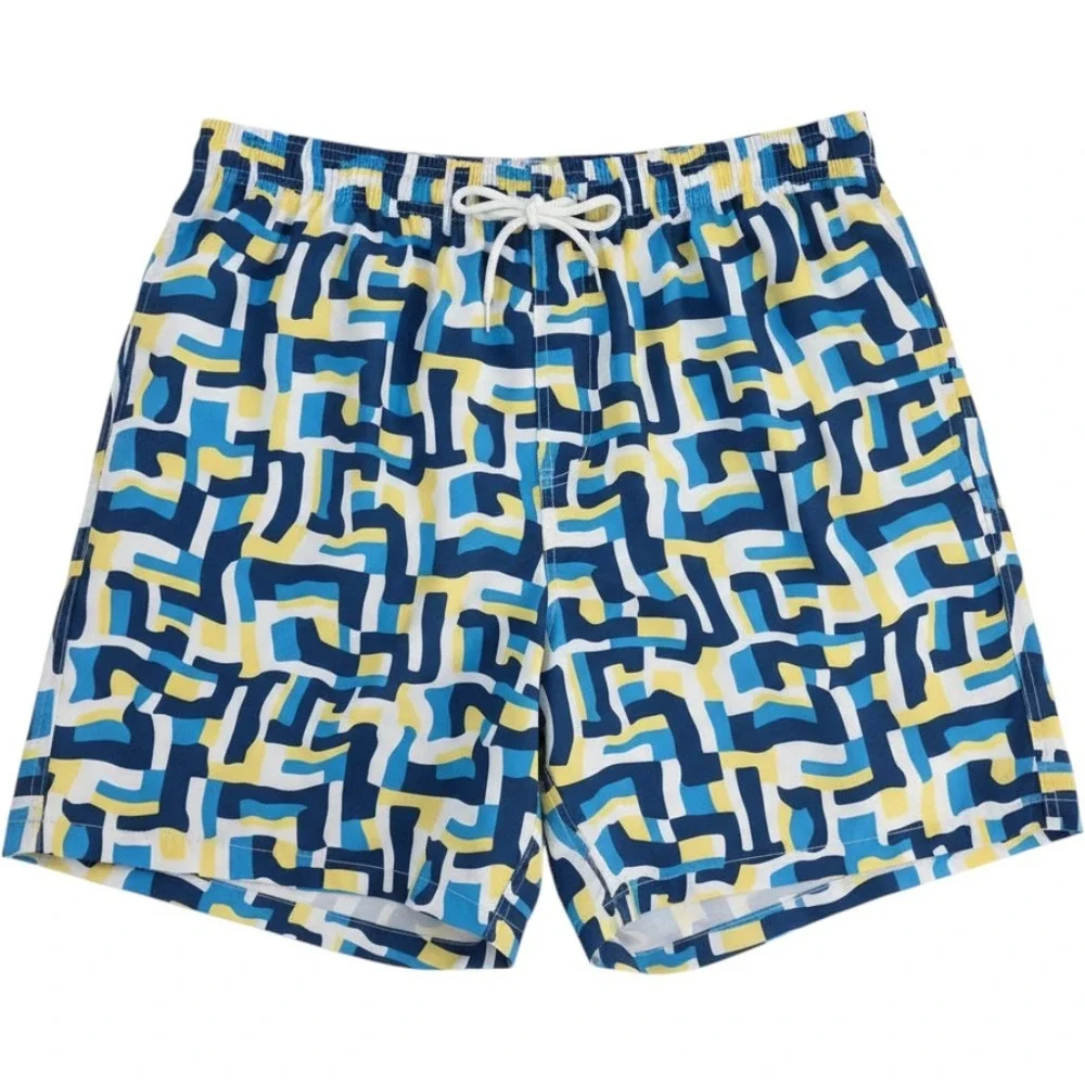 Hot‎ Coals Mens XL Swim Trunks Blue Yellow Geometric Maze Quick Dry UPF 50+ NWT